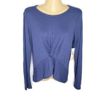 Hot Gal Twist Front Top Womens Medium Blue Ribbed Long Sleeve Knit Blouse NEW
